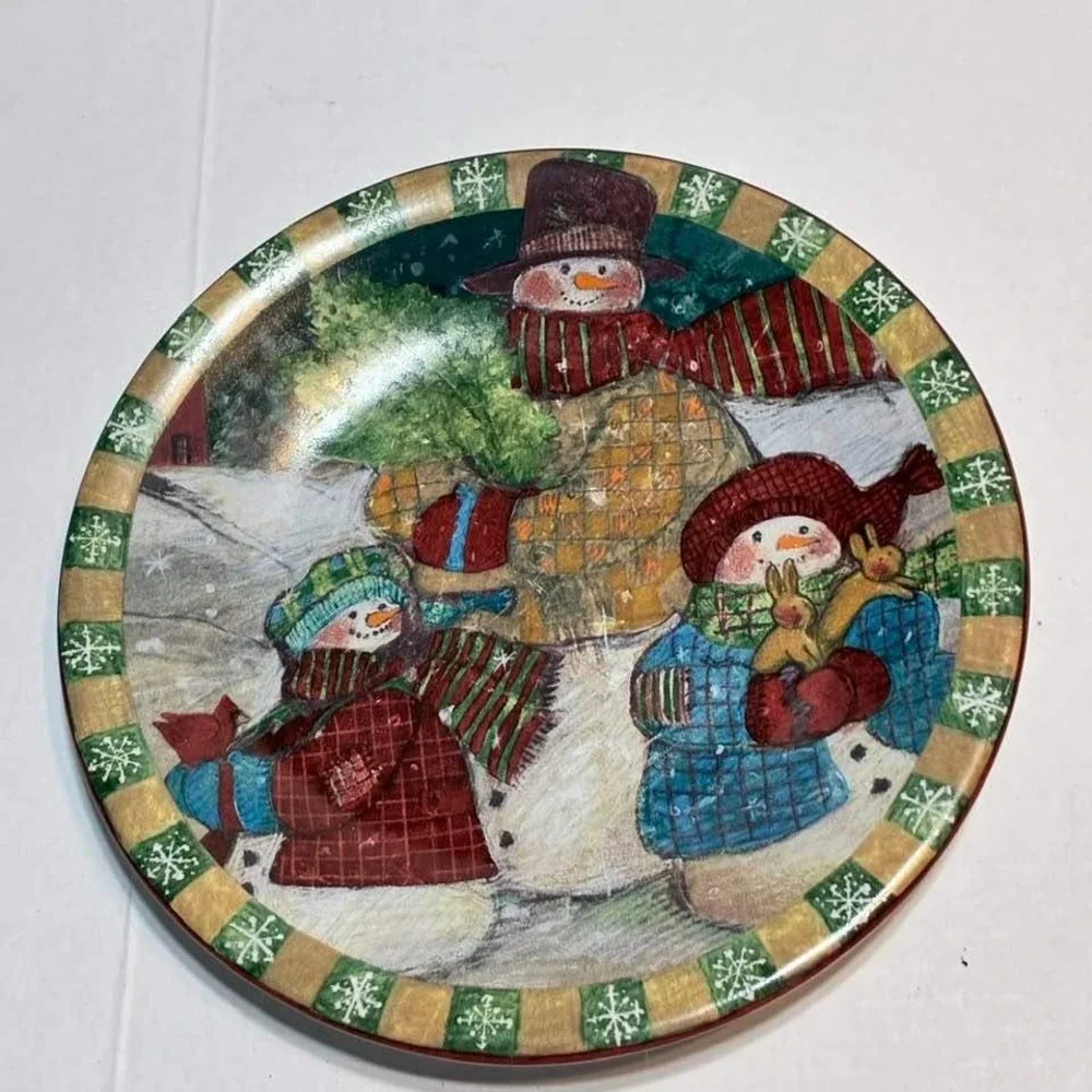 Susan Winget Plates Snowman Multicolor Set of 5 8in Christmas Folk Art Whimsical